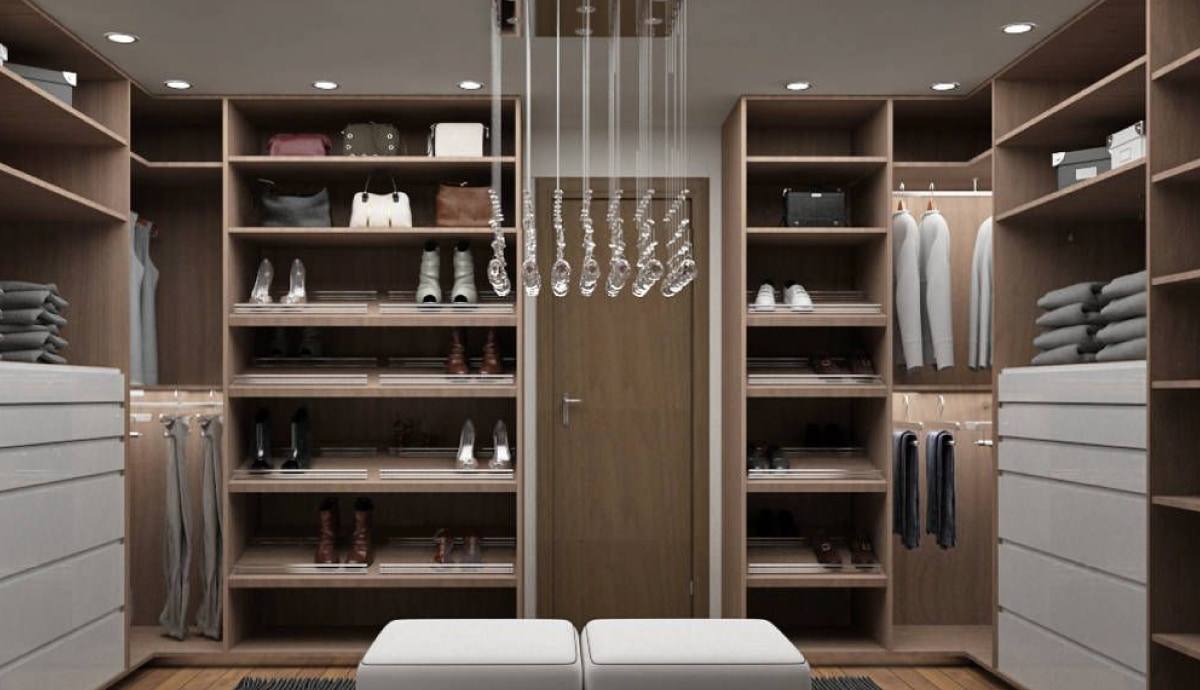 Vestidor con zapatera central y repisas de madera